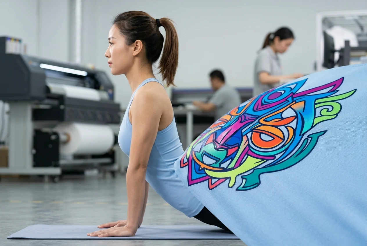 DTF heat-press transfer with vivid color on stretch yoga top