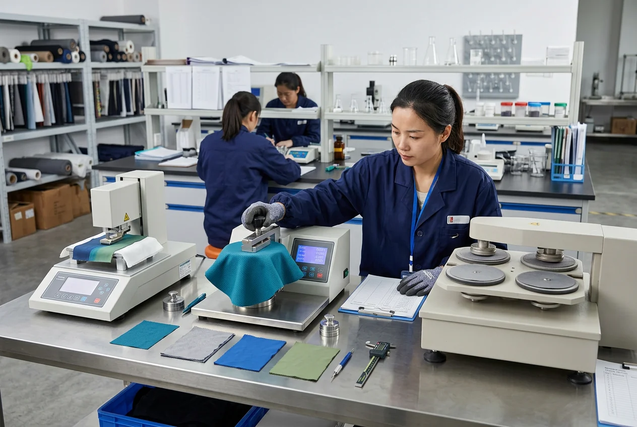 Colorfastness, breathability and abrasion testing lab bench &mdash; functional fabric verdict before quoting