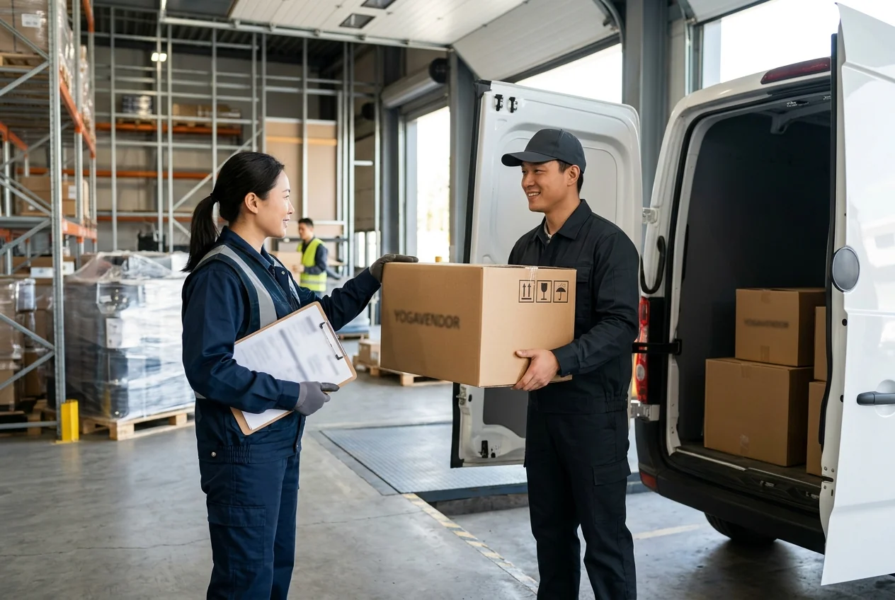 DDP-to-Door delivery &mdash; last-mile van handover of wholesale yoga apparel carton at warehouse dock