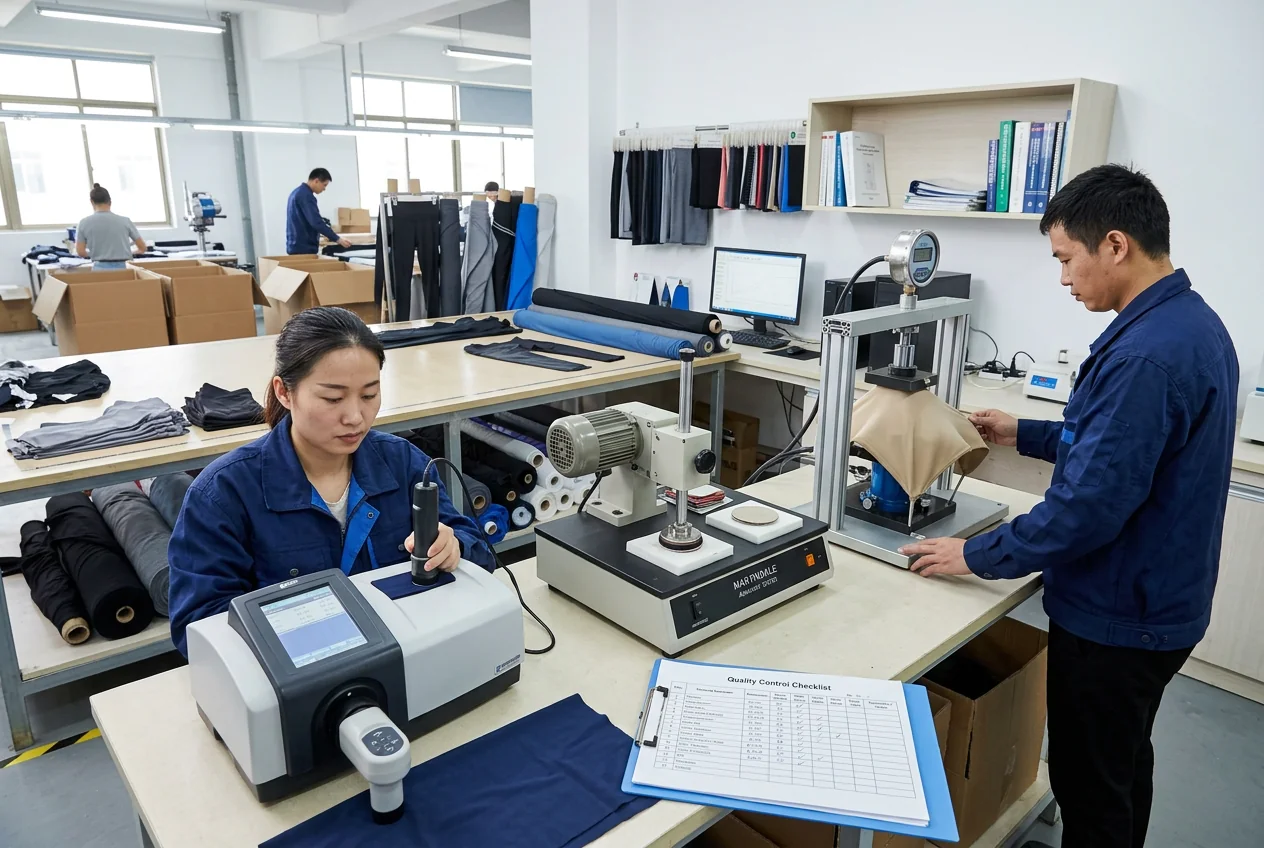 In-house fabric lab &mdash; spectrophotometer, abrasion tester, and burst-strength rig used to vet every roll