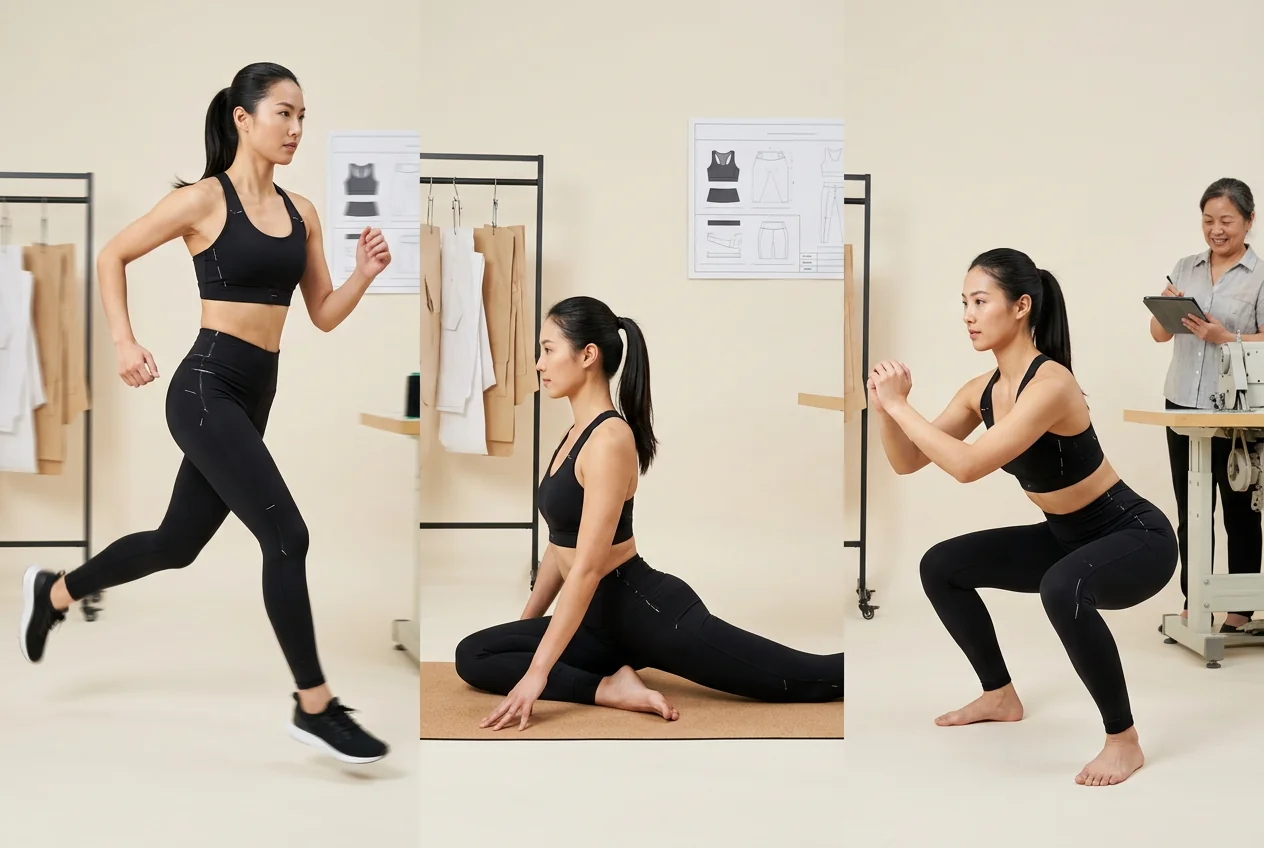 Fit model running through pigeon and deep squat in a sample &mdash; ergonomic verdict before pattern release