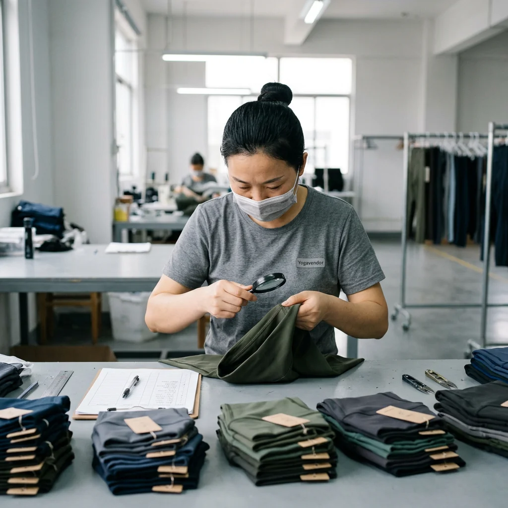 In-house QC desk — inspector checking seam integrity ten meters from the sewing line