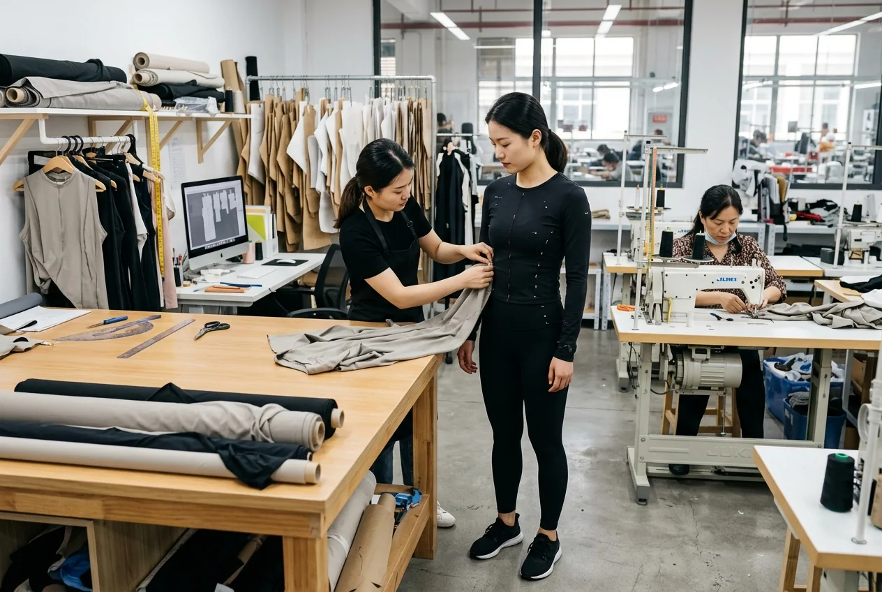 In-house pattern desk with fit model on call &mdash; samples drafted, graded, and sewn in 7 days under one roof