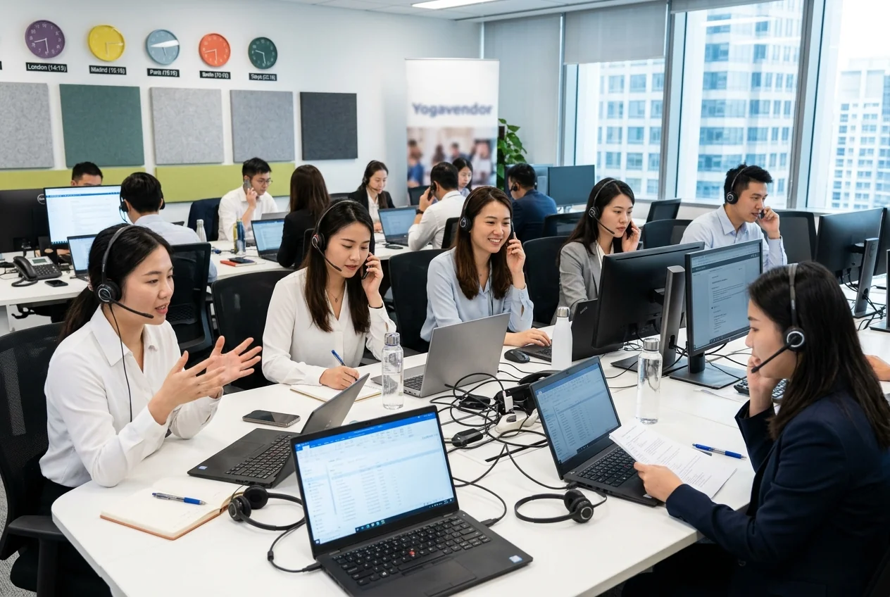 Export sales team on calls in English, Spanish, French, German and Japanese &mdash; cross-border buyer support