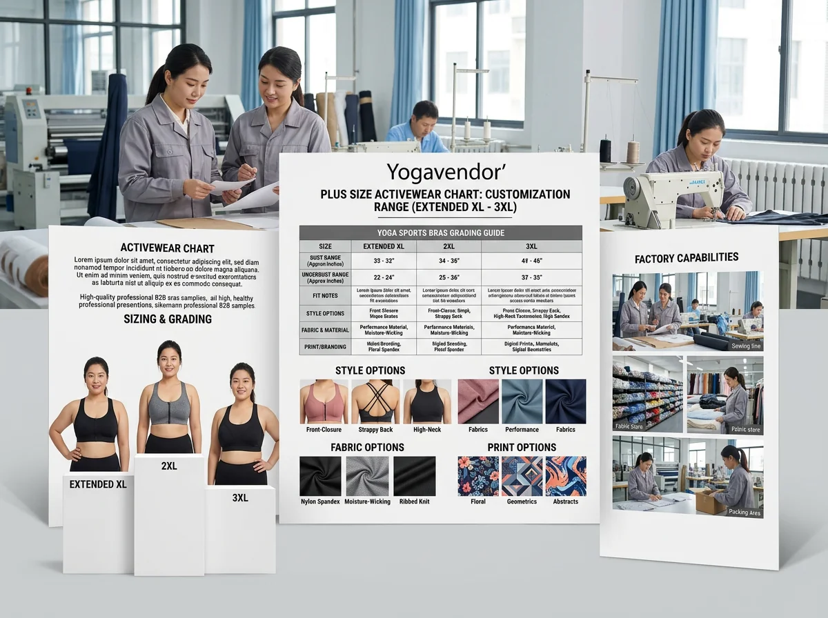 Plus size activewear chart with extended XL to 3XL grading