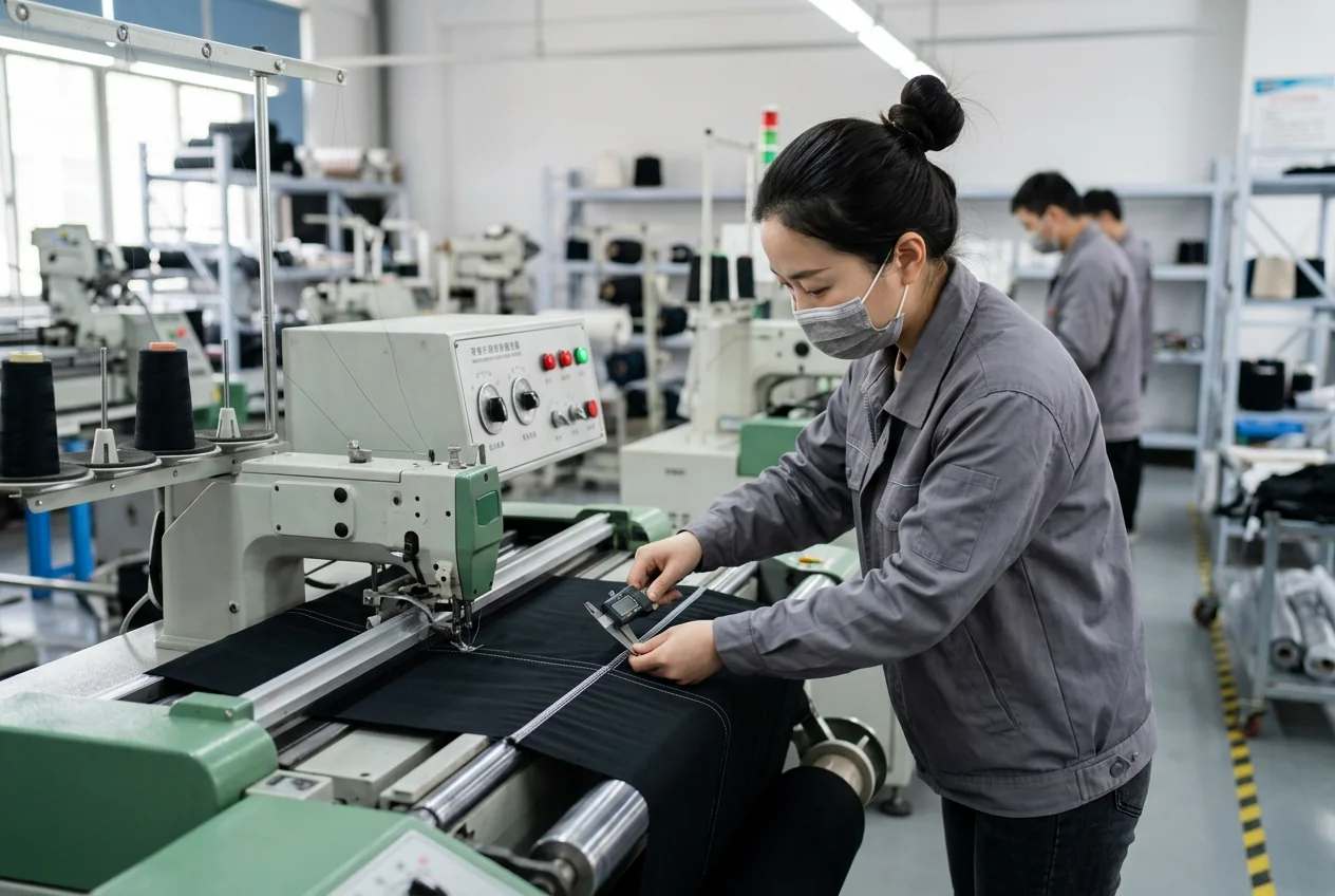 QC inspector running an inline seam check next to the sewing line, with stop-shipment authority