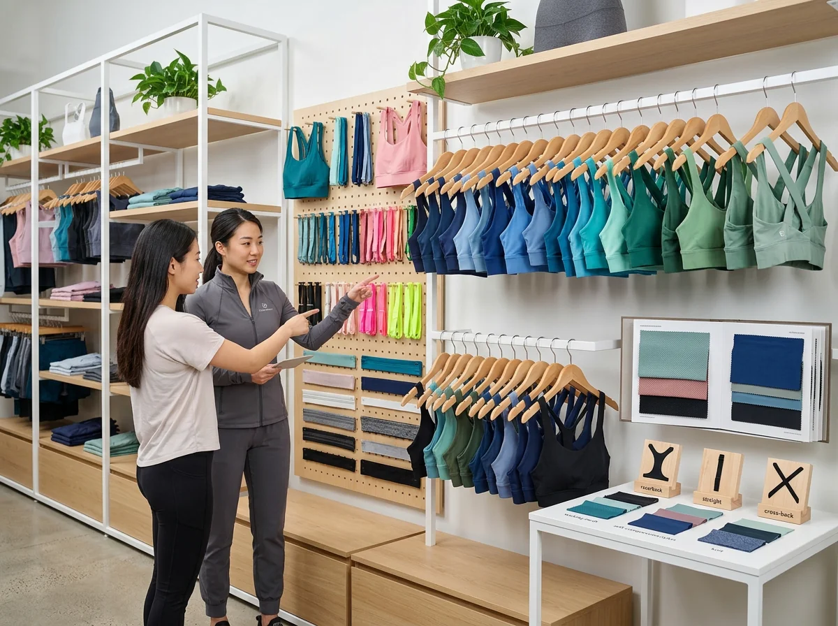 Retail activewear brand store display with sports bra wall
