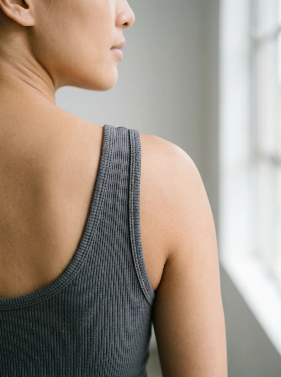 Ribbed tank top strap and shoulder detail