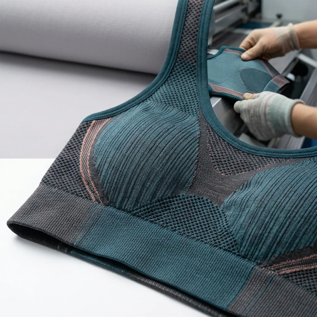 Seamless knit construction detail on yoga sports bra body