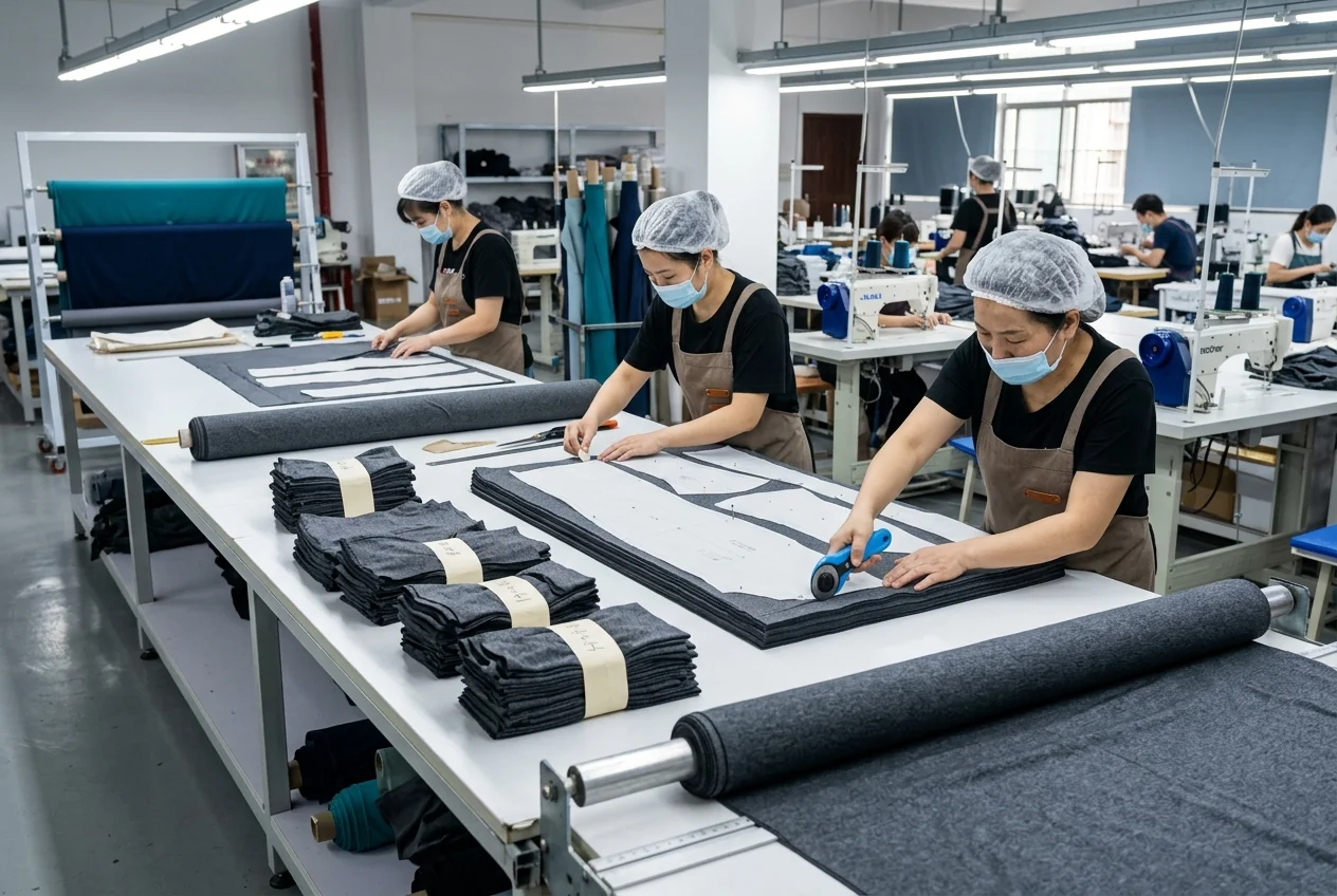 Small-batch sewing line cutting a 50-piece run for an emerging activewear brand