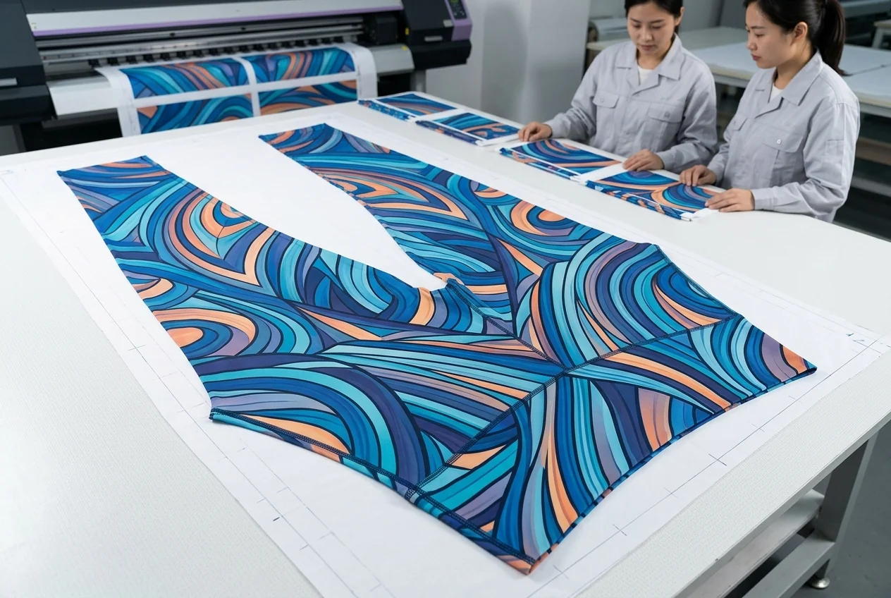 Sublimation print sample on full-piece yoga legging panel with Pantone-matched pattern