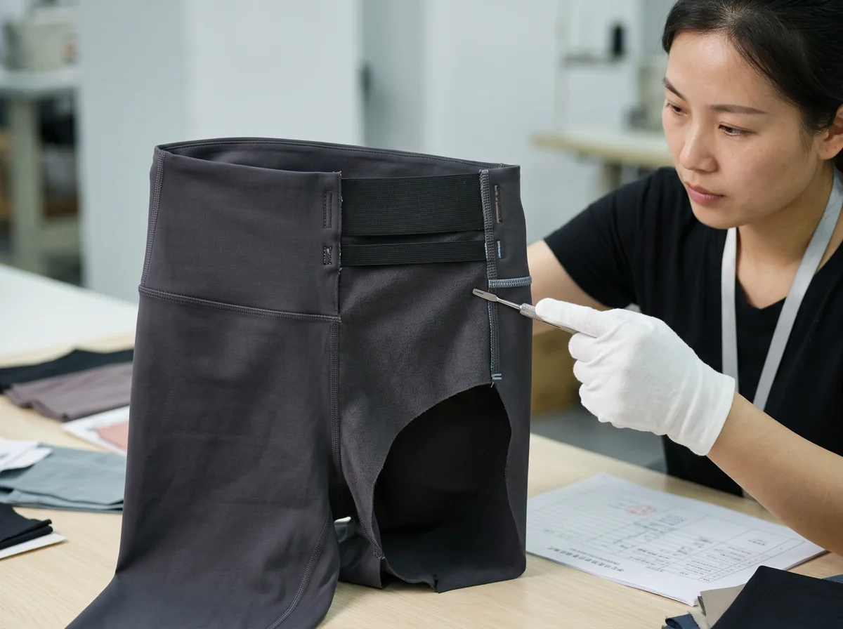 High-waist yoga leggings waistband cross-section showing double-layer compression construction