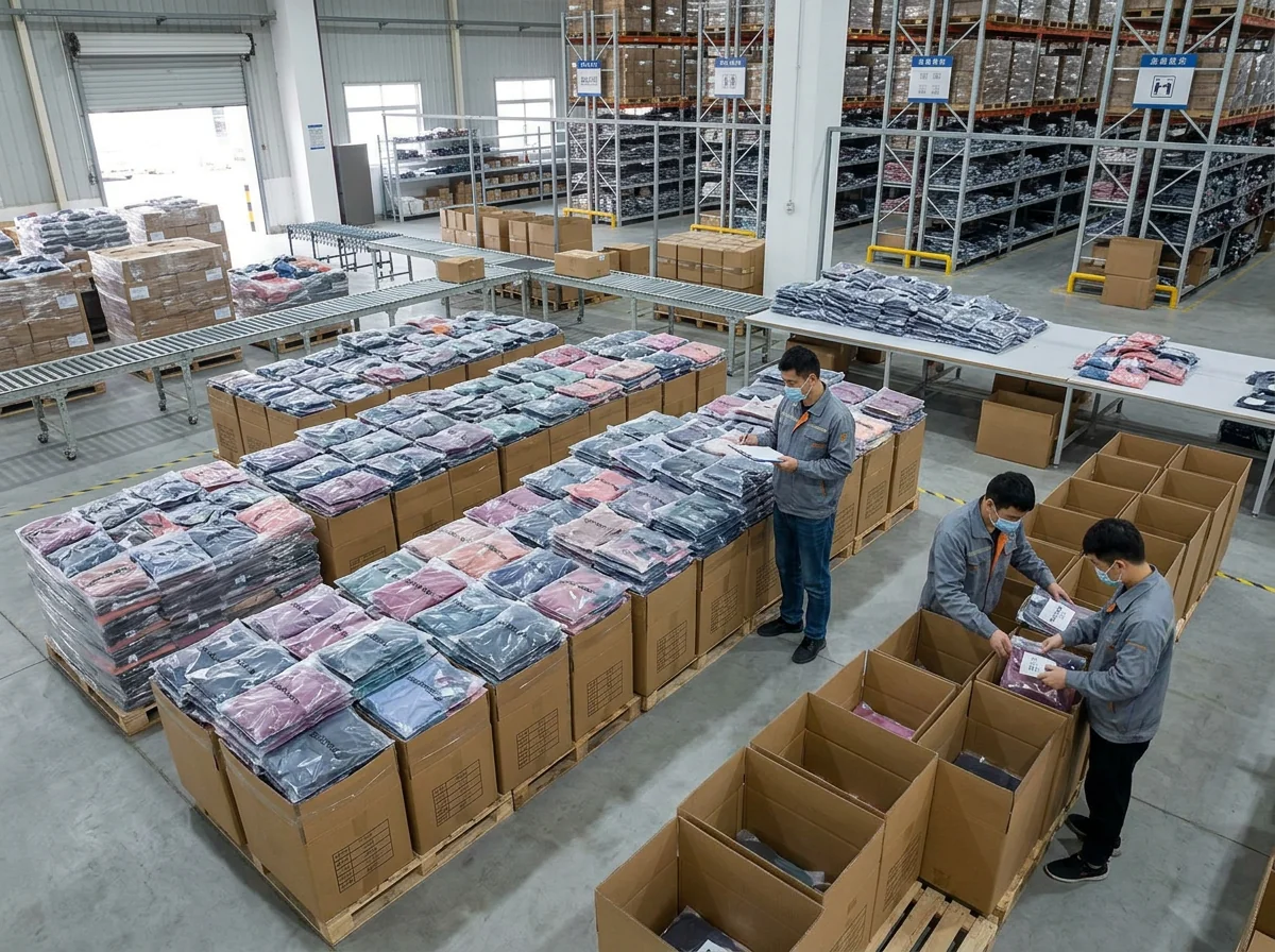 Wholesale yoga apparel manufacturer warehouse staging area &mdash; folded leggings and sports bras in polybags ready for FBA shipment
