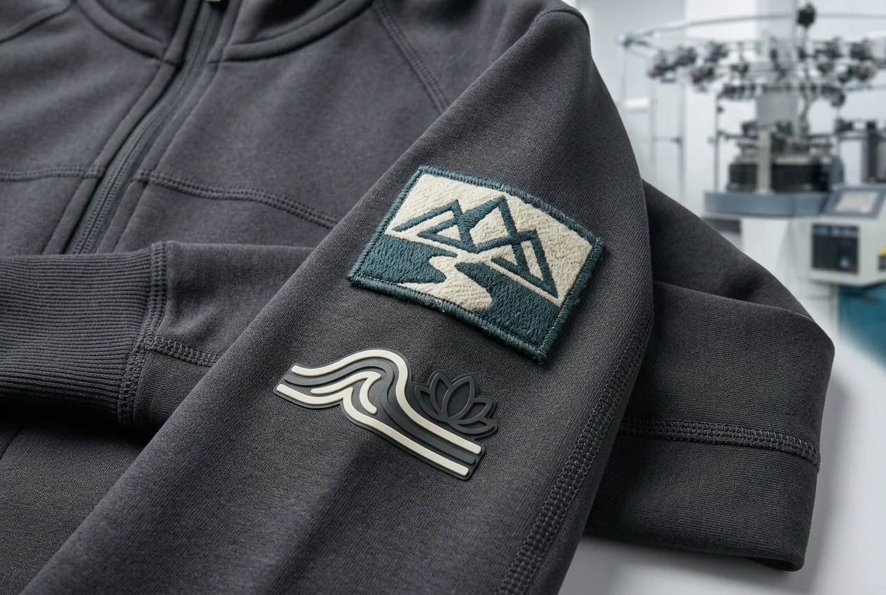 Woven and printed patches on capsule-collection yoga jacket