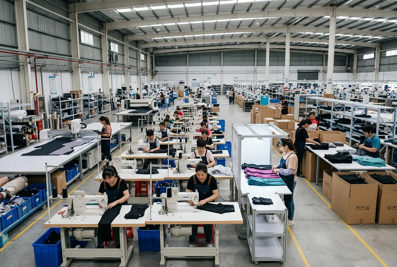 Yoga apparel factory floor &mdash; 6,000 m² single-floor production with cutting, sewing, QC and packing under one roof