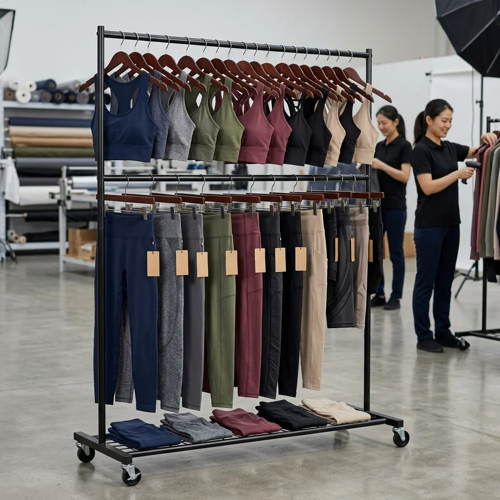 DTC wholesale yoga apparel rack &mdash; private-label leggings and sports bras for direct-to-consumer brand