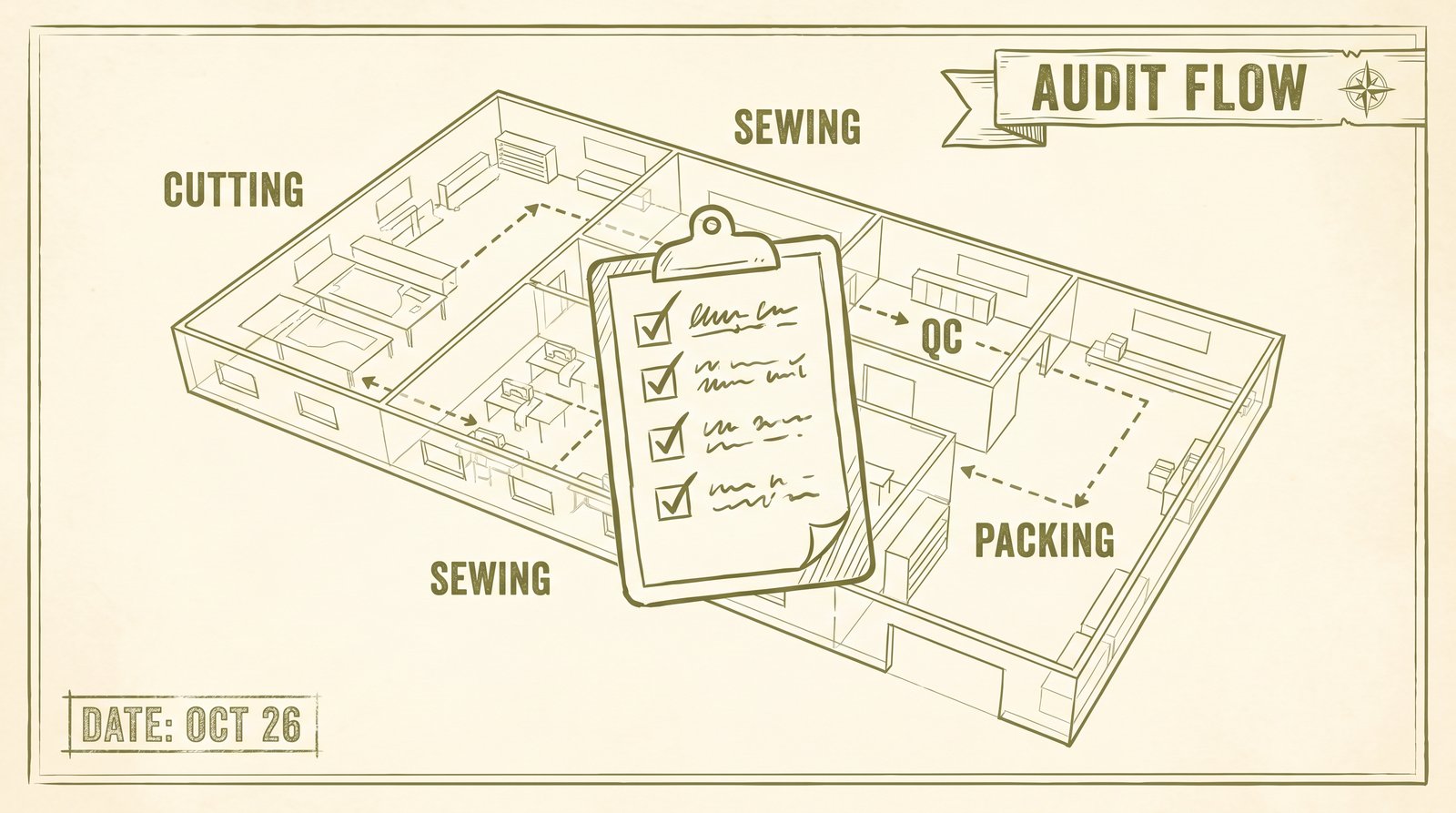 Stylized blueprint of factory audit-hosting workflow with annotated cutting, sewing, QC and packing stations on cream background with olive-green line art