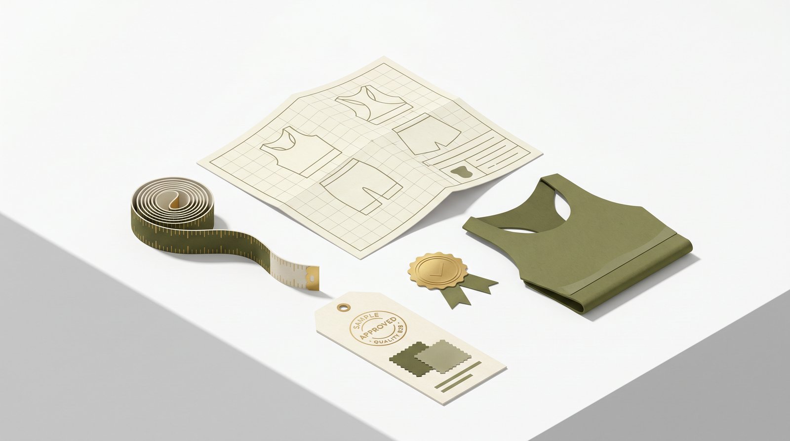 OEM workflow flat-lay: blueprint tech-pack sheet, measuring tape, sample hangtag, gold approval seal in olive and cream palette